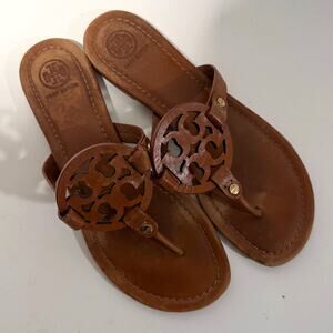 Tory Burch Women's Miller Sandals Logo Slip On Thong Leather Brown 8